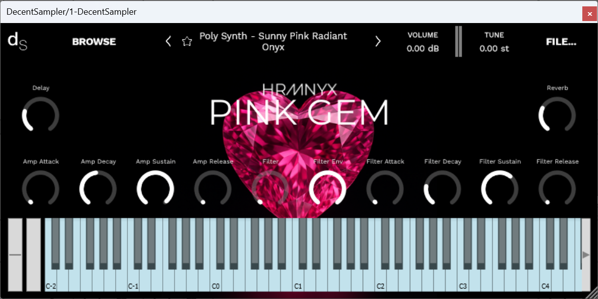 A screenshot of the Pink Gem Sample Library instrument interface in Decent Sampler.